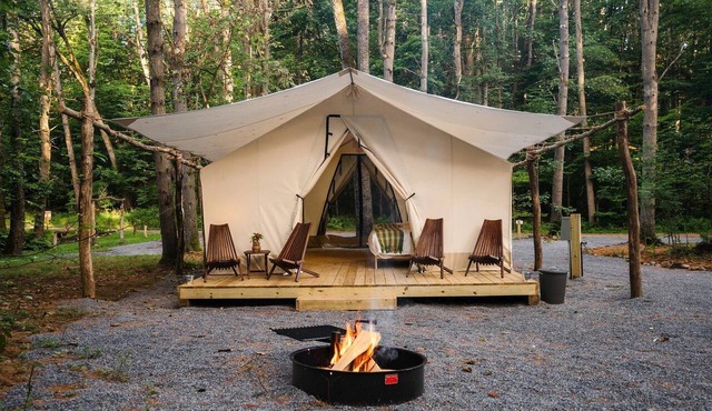 Luxury Group Safari Tent Complete with Firepit and Patio, Perfect for a Weekend Escape to the Adirondacks